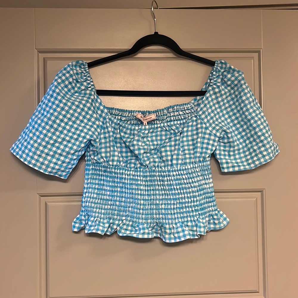 BCBGeneration frilly blue and white check top